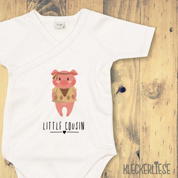 kleckerliese Wickel Baby Body "Little Cousin" Tiermotive Schwein Babybody Strampler Wickelbody Organic Kimono Kurzarm