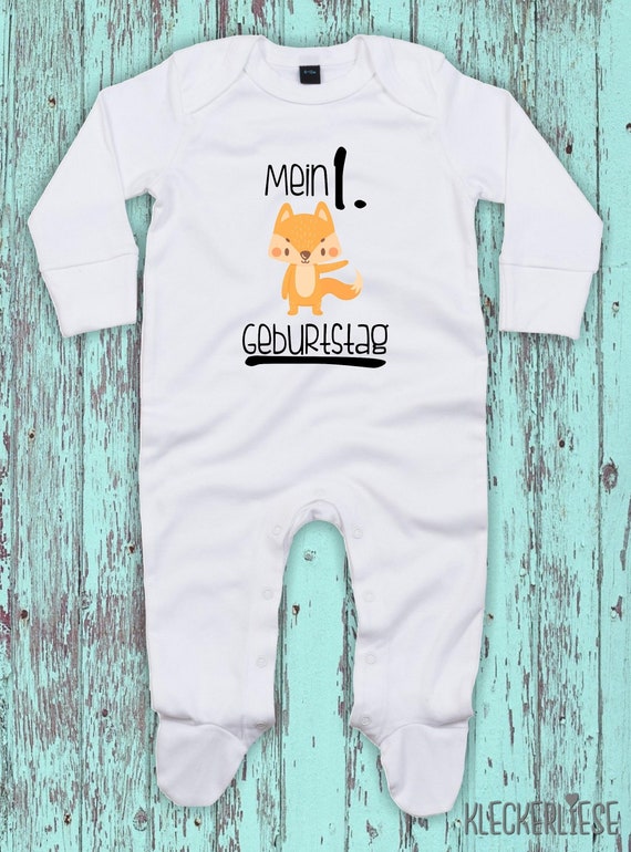 Kleckerliese Baby Schlafanzug "Mein 1. Geburtstag Fuchs" Sleepsuit Langarm Jungen Mädchen Einteiler Strampler