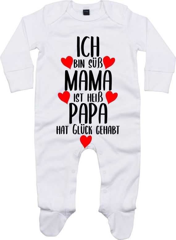 Kleckerliese Baby Schlafanzug "Ich bin süß MAMA ist heiß PAPA hat Glück gehabt" Sleepsuit Langarm Jungen Mädchen Einteiler Strampler