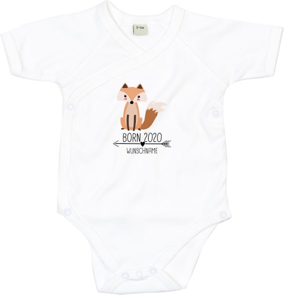 kleckerliese Wickel Baby Body "Born 2020 2021 2022 Tiermotiv Wunschname Name Fuchs" Babybody Strampler Wickelbody Organic Kimono Kurzarm