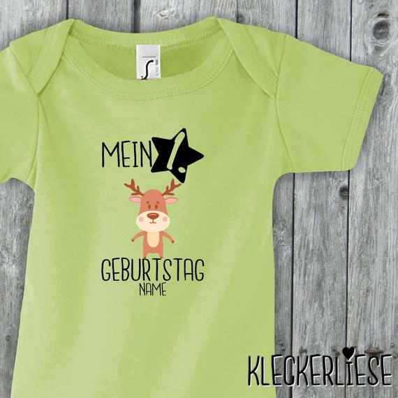 Baby Body mit Wunschname "Mein 1. Geburtstag Elch mit Wunschname" Babybody Strampler Jungen Mädchen