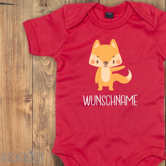 Baby Body mit Wunschtext "Tiermotiv mit Wunschnamen Fuchs" Babybody Strampler Jungen Mädchen Kurzarm