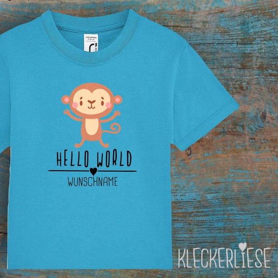 Kinder Baby Shirt mit Wunschname Kleinkind "Hello World Affe Wunschname" T-Shirt Jungen Mädchen