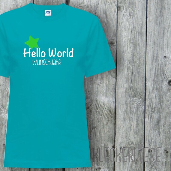 Kinder T-Shirt mit Wunschname "Hello World Stern Wunschjahr" Shirt Jungen Mädchen Baby Kind