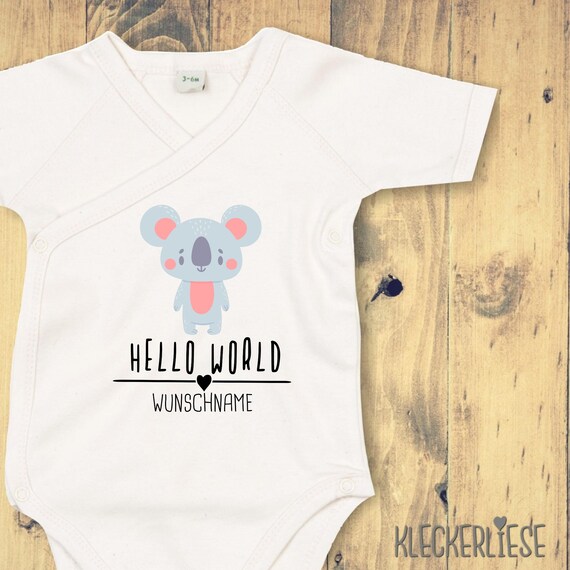 Wickelbody mit Wunschtext "Hello World Koala Wunschname" Babybody Strampler Wickelbody Organic Kimono Kurzarm Baby Body