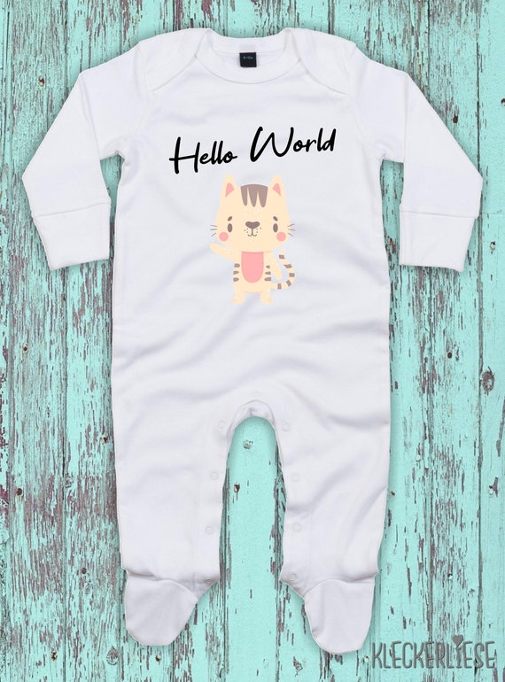 Kleckerliese Baby Schlafanzug "Hello World Katze" Sleepsuit Langarm Jungen Mädchen Einteiler Strampler