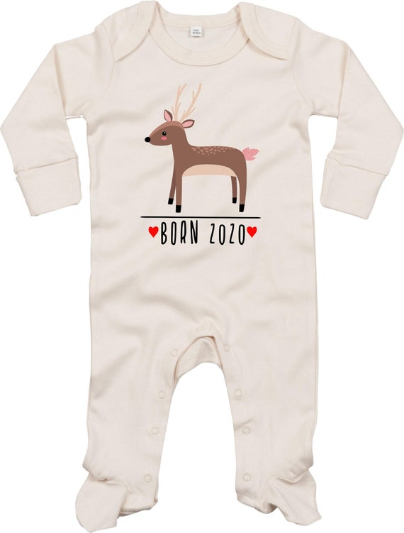 Kleckerliese Baby Schlafanzug "Born 2020 Tiermotiv Reh" Sleepsuit Langarm Jungen Mädchen Einteiler Strampler