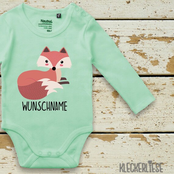 kleckerliese long sleeve baby bodysuit "desired name fox" baby bodysuit boys girls longsleeve fair wear