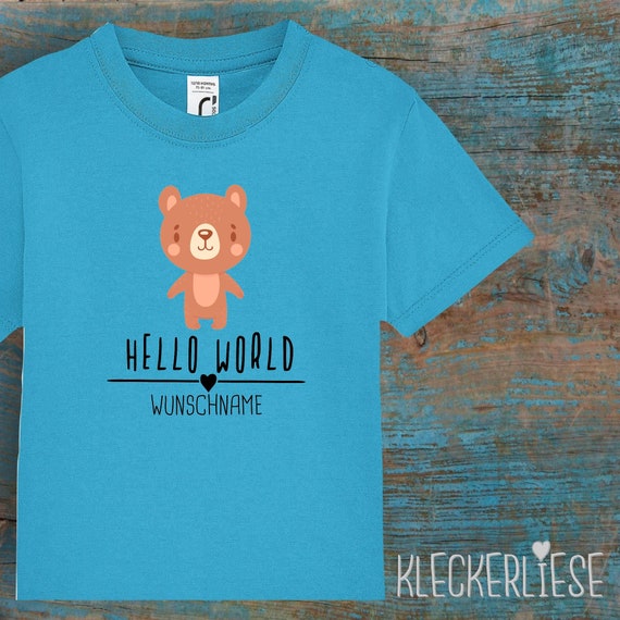 Kinder Baby Shirt mit Wunschname Kleinkind "Hello World Bär Wunschname" T-Shirt Jungen Mädchen