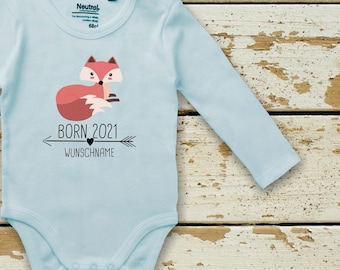 kleckerliese Long Sleeve Baby Bodysuit "Born 2021 2024 2025 Animal Motif Arrow Desired Name Name Text Fox" with Name Baby Body Long Sleeve Fair Wear