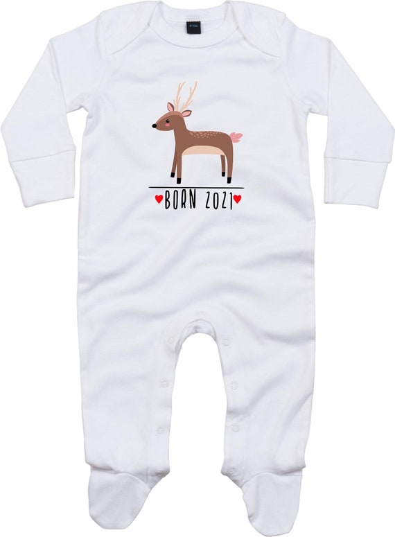 Kleckerliese Baby Schlafanzug "Born 2021 Tiermotiv Reh" Sleepsuit Langarm Jungen Mädchen Einteiler Strampler