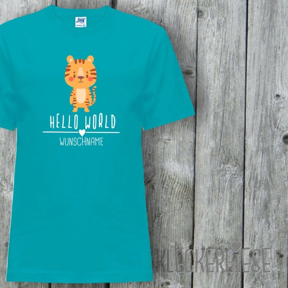 Kinder T-Shirt mit Wunschname "Hello World Tiger Wunschname" Shirt Jungen Mädchen Baby Kind