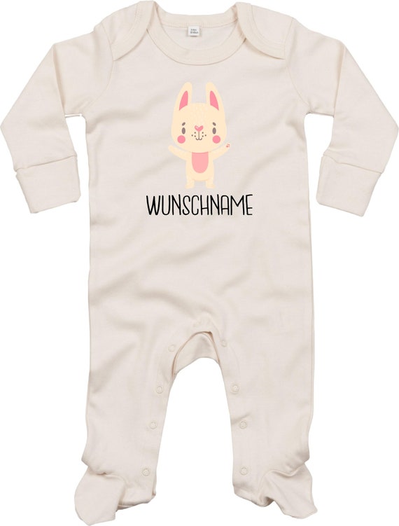 Kleckerliese Baby Schlafanzug mit Wunschnamen "Tiermotiv mit Wunschnamen Hase Häschen" Sleepsuit Langarm Jungen Mädchen Einteiler Strampler