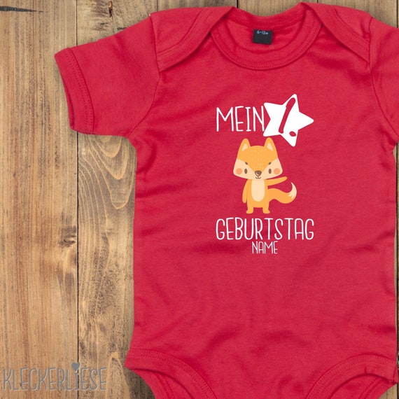Baby Body mit Wunschtext "Mein 1. Geburtstag Fuchs mit Wunschname" Babybody Strampler Jungen Mädchen Kurzarm