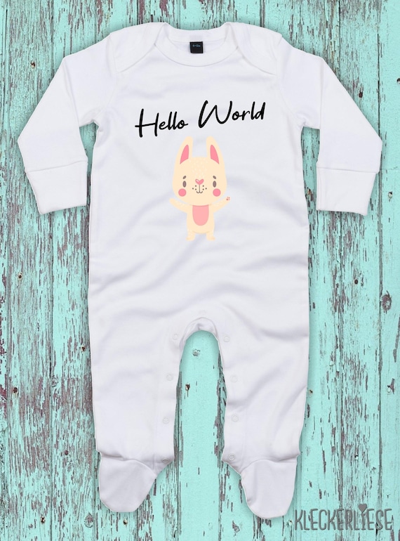 Kleckerliese Baby Schlafanzug "Hello World Hase" Sleepsuit Langarm Jungen Mädchen Einteiler Strampler