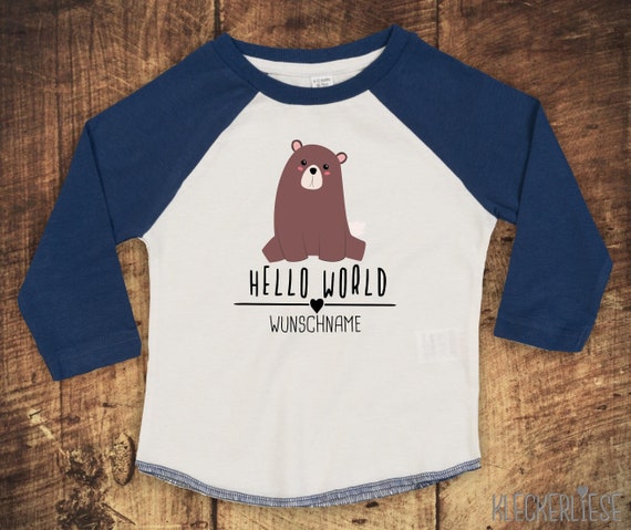 T-Shirt Langarmshirt mit Wunschname "Hello World Bär Wunschname" Raglan-Ärmel Jungen Mädchen Baby Kinder