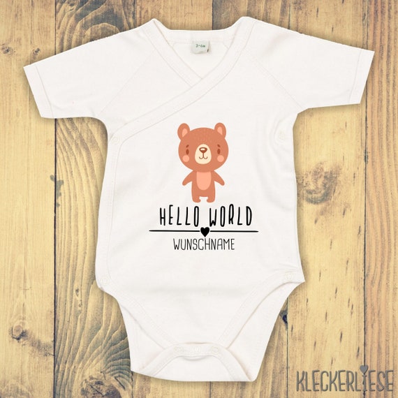 Wickelbody mit Wunschtext "Hello World Bär Wunschname" Babybody Strampler Wickelbody Organic Kimono Kurzarm Baby Body