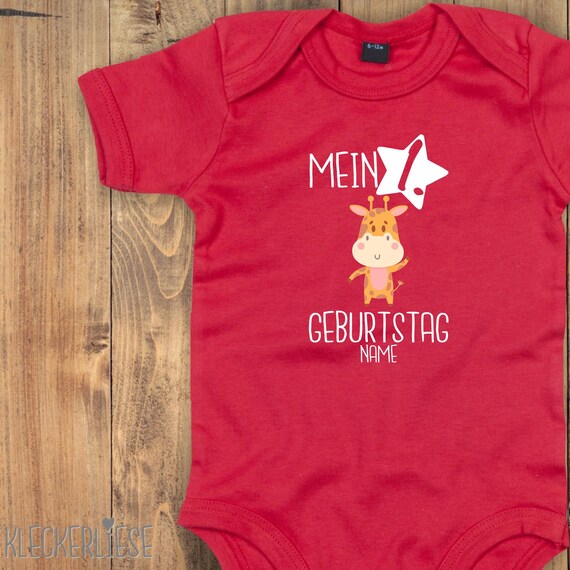 Baby Body mit Wunschtext "Mein 1. Geburtstag Giraffe mit Wunschname" Babybody Strampler Jungen Mädchen Kurzarm