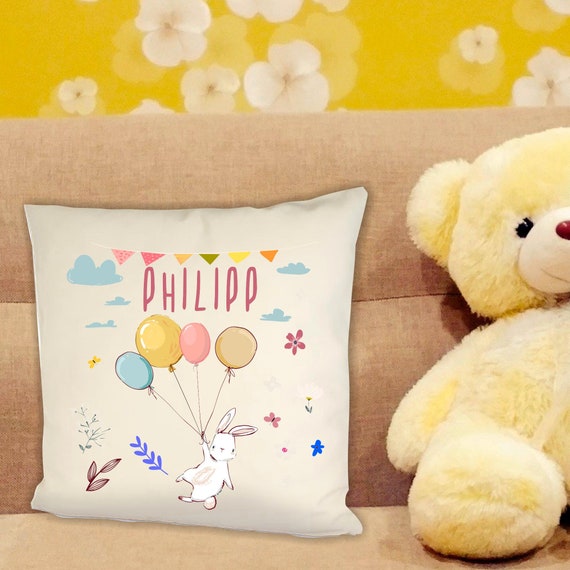 personalisierbarer Kissen Bezug Motiv Hase mit Wunschname, Geburts Daten Kissenhülle Bezug Ballon Tiere Namenskissen Taufe