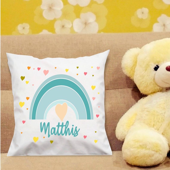 Kissen Bezug Namenskissen Geburt personalisiert Rainbow Regenbogen Baby bedruckt Junge Mädchen Geschenkidee ohne Füllung Taufe