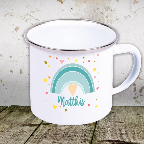kleckerliese Emaille Kindertasse mit Regenbogen Wunschnamen Teetasse Tasse Motiv Camping Zelten Retro Becher