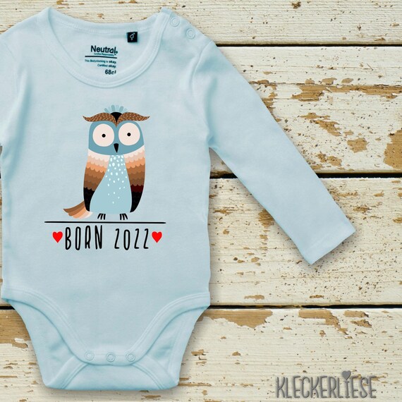 kleckerliese Langarm Babybody "Born 2022 Tiermotiv Eule" Baby Body Jungen Mädchen Longsleeve Fair Wear