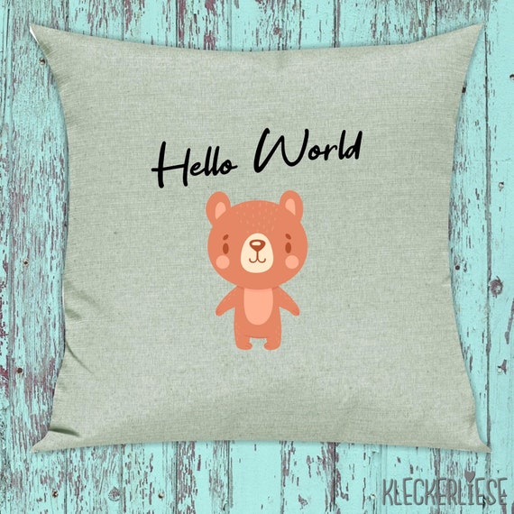 kleckerliese Kissen "Hello World Waschbär" Kissenhülle Deko Sofa Hülle Kissenbezug