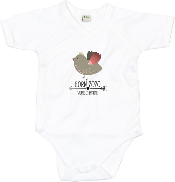 kleckerliese Wickel Baby Body "Born 2020 2021 2022 Tiermotiv Wunschname Name Vogel" Babybody Strampler Wickelbody Organic Kimono Kurzarm