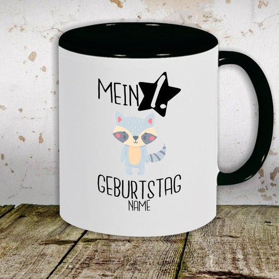 Kaffeetasse mit Wunschnamen Tasse Motiv "Mein 1. Geburtstag Waschbär mit Wunschname" Tasse Teetasse Milch Kakao