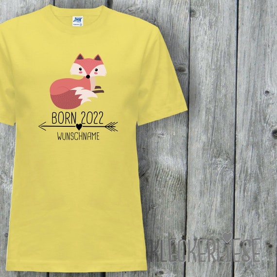 Kinder T-Shirt mit Wunschname "Born 2022 Tiermotiv Pfeil Wunschname Name Text Fuchs" Shirt Jungen Mädchen Baby Kind