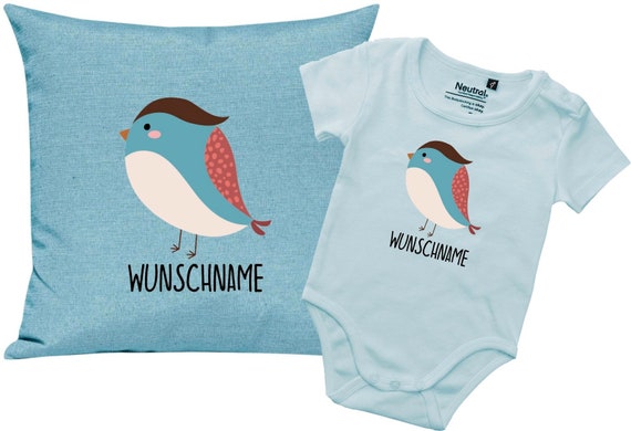 kleckerliese Geschenkset Geburt Kissen Body mit Tiermotiv "Vogel" Fair Wear mit Kissenfüllung