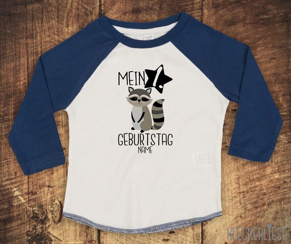 T-Shirt Langarmshirt mit Wunschname "Mein 1. Geburtstag Waschbär mit Wunschname" Raglan-Ärmel Jungen Mädchen Baby Kinder