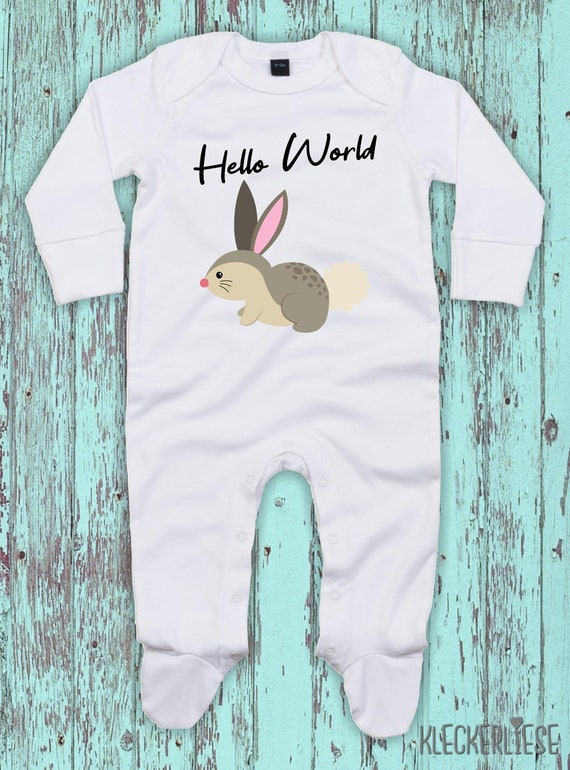 Kleckerliese Baby Schlafanzug "Hello World Hase" Sleepsuit Langarm Jungen Mädchen Einteiler Strampler