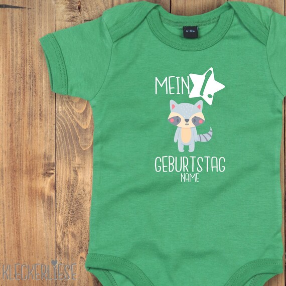 Baby Body mit Wunschtext "Mein 1. Geburtstag Waschbär mit Wunschname" Babybody Strampler Jungen Mädchen Kurzarm