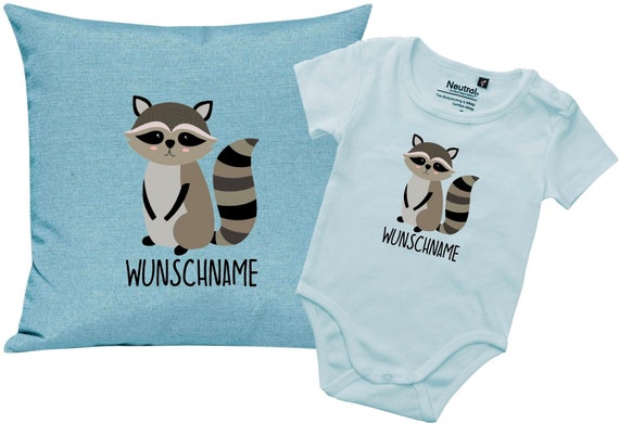 kleckerliese Geschenkset Geburt Kissen Body mit Tiermotiv "Waschbär" Fair Wear mit Kissenfüllung