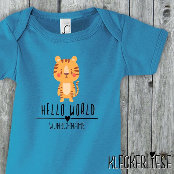 Baby Body mit Wunschname "Hello World Tiger Wunschname" Babybody Strampler Jungen Mädchen