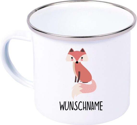kleckerliese Emaille Kindertasse mit Wunschnamen Teetasse Tasse Motiv Tiermotive Tiere mit Camping Zelten Retro Becher