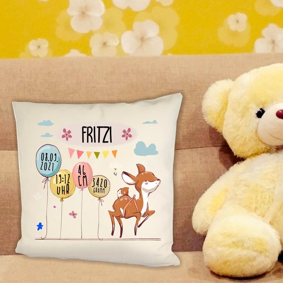 personalisierbarer Kissenbezug Rehkitz zur Geburt mit Wunschname, Datum, Uhrzeit, Gewicht und Größe Kuschelkissen vers. Formen Geschenk