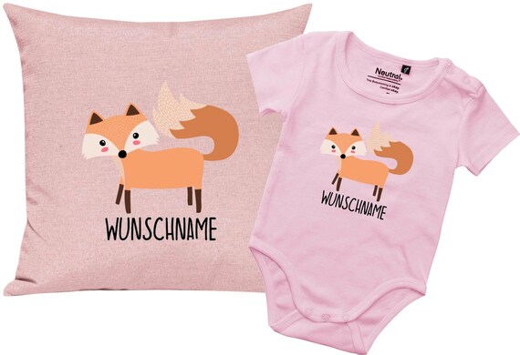 kleckerliese Geschenkset Geburt Kissen Body mit Tiermotiv "Fuchs" Fair Wear mit Kissenfüllung