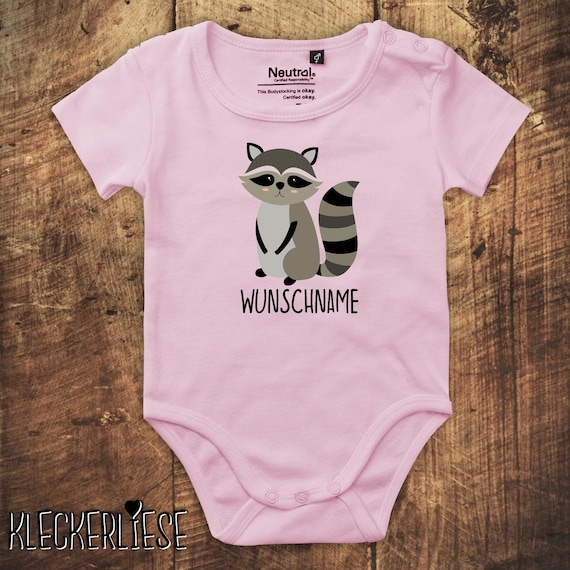 kleckerliese Babybody Body "Wunschname Waschbär" Fair Wear