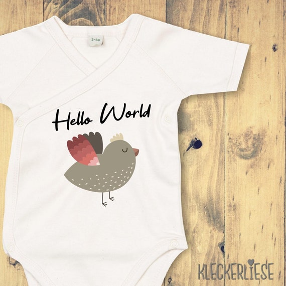 kleckerliese Wickel Baby Body "Hello World Vogel" Babybody Strampler Wickelbody Organic Kimono Kurzarm