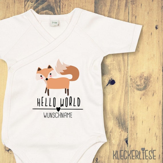 Wickelbody mit Wunschtext "Hello World Fuchs Wunschname" Babybody Strampler Wickelbody Organic Kimono Kurzarm Baby Body