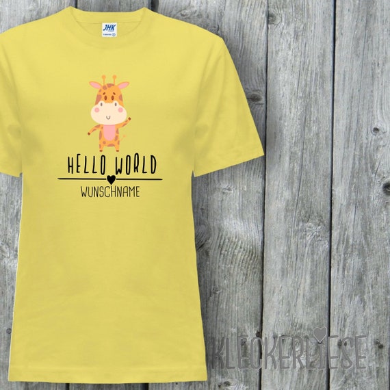 Kinder T-Shirt mit Wunschname "Hello World Giraffe Wunschname" Shirt Jungen Mädchen Baby Kind