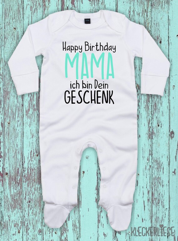 Kleckerliese Baby Schlafanzug "Happy Birthday MAMA ich bin dein Geschenk" Sleepsuit Langarm Jungen Mädchen Einteiler Strampler