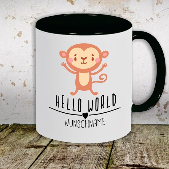 Kaffeetasse mit Wunschnamen Tasse Motiv "Hello World Affe Wunschname" Tasse Teetasse Milch Kakao