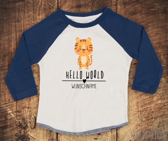 T-Shirt Langarmshirt mit Wunschname "Hello World Tiger Wunschname" Raglan-Ärmel Jungen Mädchen Baby Kinder