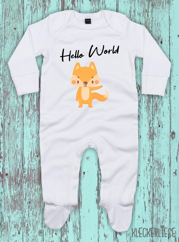 Kleckerliese Baby Schlafanzug "Hello World Fuchs" Sleepsuit Langarm Jungen Mädchen Einteiler Strampler