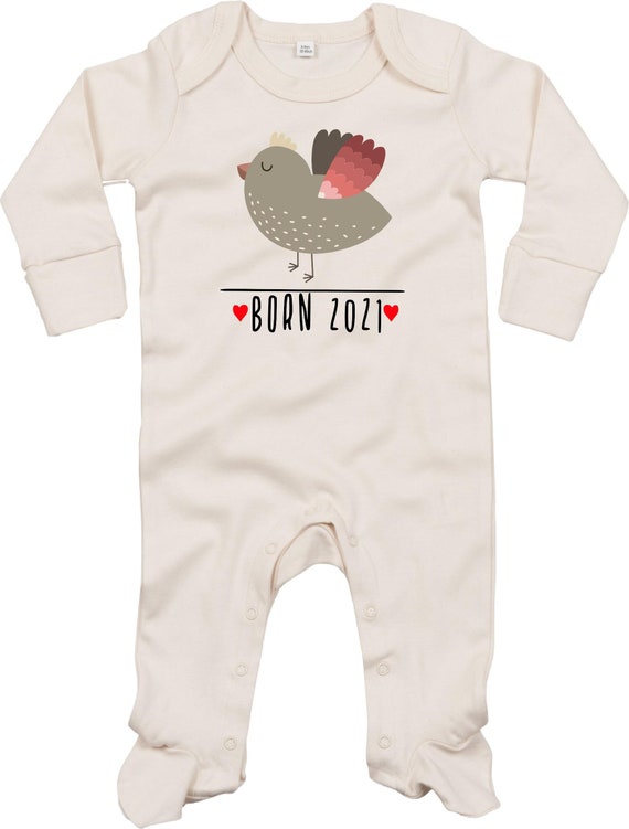 Kleckerliese Baby Schlafanzug "Born 2021 Tiermotiv Vogel" Sleepsuit Langarm Jungen Mädchen Einteiler Strampler