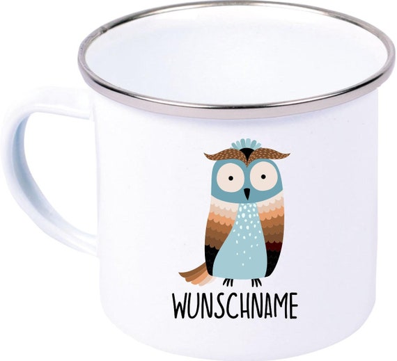 kleckerliese Emaille Kindertasse mit Wunschnamen Teetasse Tasse Motiv Tiermotive Tiere mit Camping Zelten Retro Becher
