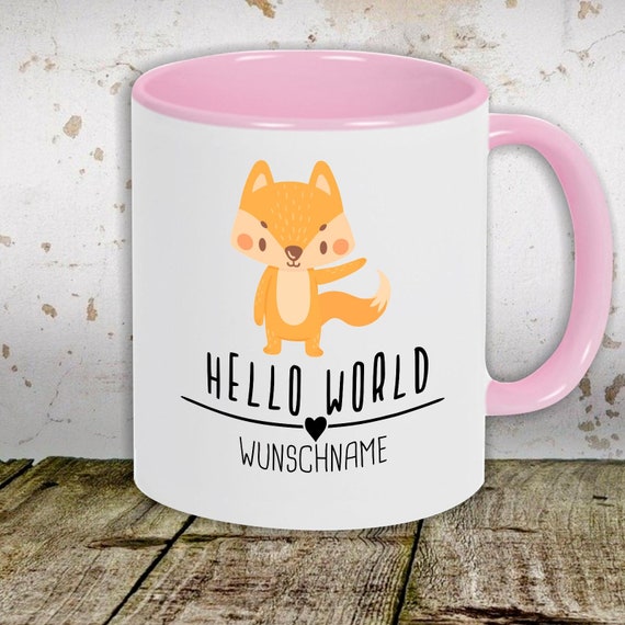 Kaffeetasse mit Wunschnamen Tasse Motiv "Hello World Fuchs Wunschname" Tasse Teetasse Milch Kakao